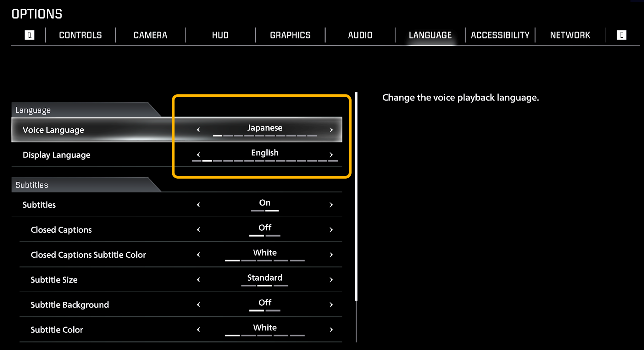 Voice language setting in the options menu